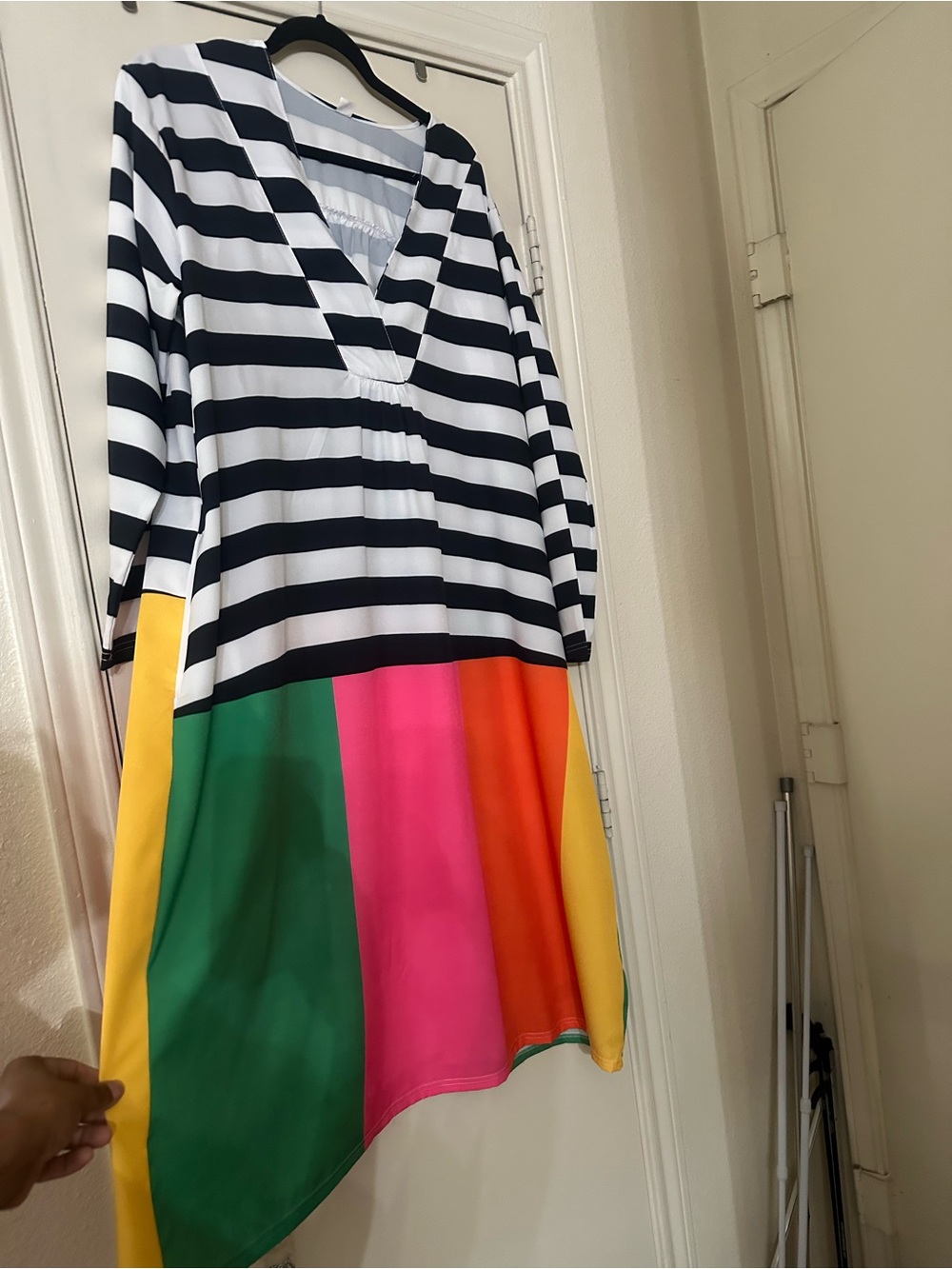 Black & White Stripe Dress with Colorblock Panels